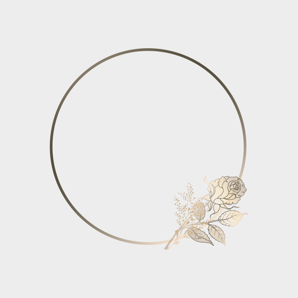 圆形的金镜框上有一朵玫瑰。矢量标志，玫瑰花蕾标志。美甲工作室，化妆品包装，美容工作室，美发师，水疗中心。矢量文件。图片下载