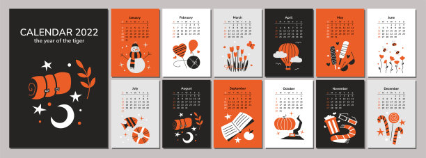 墙壁2022年企业日历模板。老虎。12个月的封面。矢量插图。季节的感觉和情绪。喜欢鲜花，旅游，美食，假期爱好。一周从周日开始图片下载