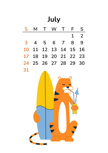 垂直历2022有老虎。7月页面。A4格式页面。卡通风格的老虎。中国的星座。向量孤立的插图。夏天运动活动。上网冲浪放松。海滩度假图片下载