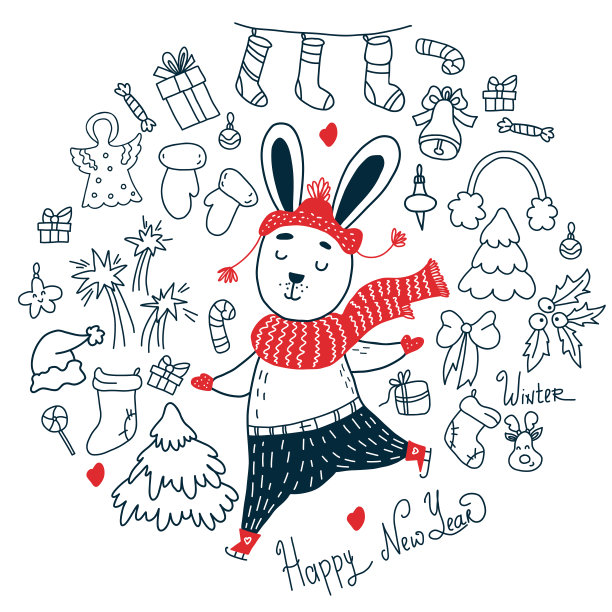 一套设计元素的圣诞节设计。穿着涂鸦风格的溜冰鞋的新年兔子。大纲。矢量插图。独立手绘设计和装饰图片下载