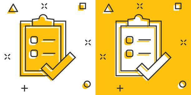 以漫画风格做列表图标。文件清单卡通矢量插图在白色孤立的背景。记事本check mark飞溅效果经营理念。图片下载