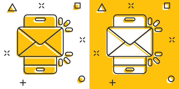 信息在智能手机图标漫画风格。邮件与电话卡通矢量插图在白色孤立的背景。信封飞溅效应的经营理念。图片下载