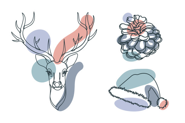 圣诞鹿在手绘线性风格与彩色抽象污渍。图片下载