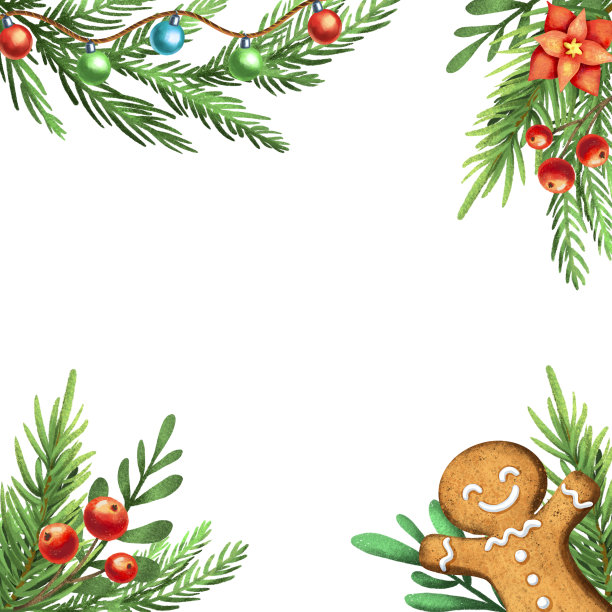 可爱的圣诞节。装饰角和框架。槲寄生，浆果和一品红。姜饼人。漫画风格的插图。邀请卡或圣诞版画的艺术。图片下载