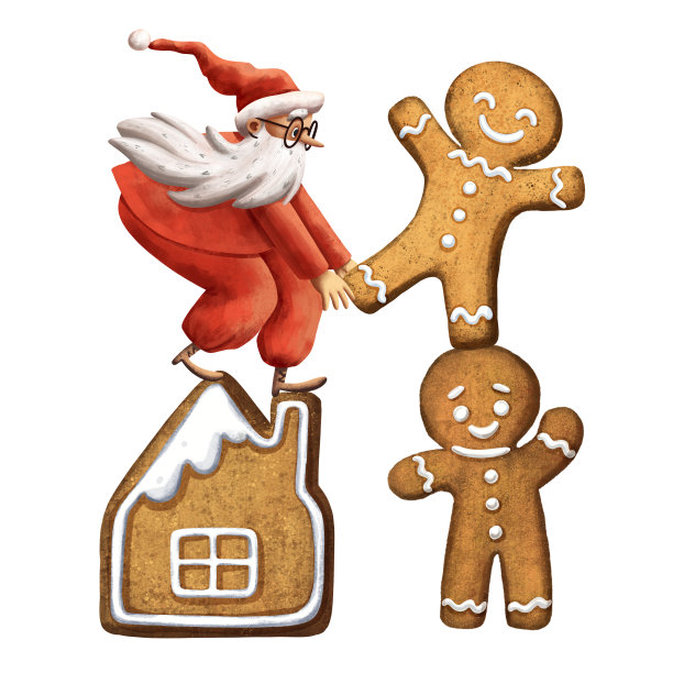 可爱的数字插图圣诞老人与姜饼。红布和大礼品袋。圣诞贺卡。邀请卡或圣诞版画的艺术。圣诞姜饼。节日的象征。图片下载