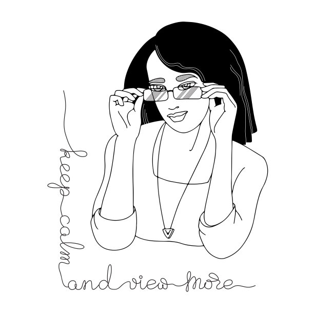 一个戴眼镜手写短信的年轻女人。轮廓矢量插图。图片下载