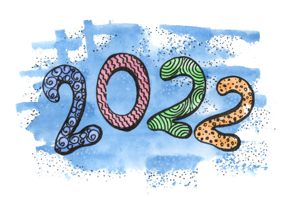 多色水彩字母2022数字年的印迹。蓝色，绿色，橙色和粉红色图片下载