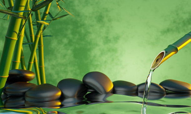 清水从竹节中流出。闪亮的黑石头重叠在一起。背景是绿色和黄色的波浪，就像水波。水疗的风格图片。三维渲染图片下载