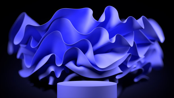 三维模型平台与抽象波浪布。蓝色的几何背景。抽象产品或化妆品展示的现代平台。明亮时尚的当代背景。渲染场景。图片下载