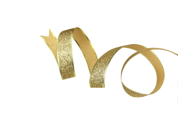 金色的丝带卷曲孤立在白色上。圣诞装饰元素。节日装饰。图片下载