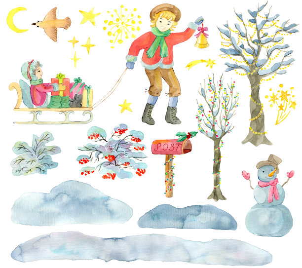 设计设置与儿童雪橇，雪人，灌木浆果，装饰树木孤立在白色。图片下载