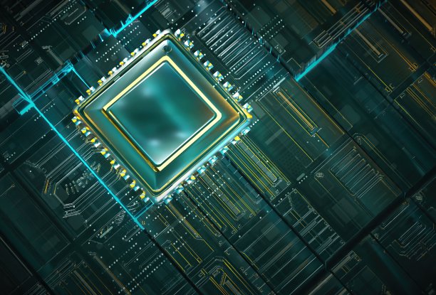 未来的微芯片处理器，蓝色和青色背景上有灯光。量子计算机，大数据处理，数据库概念。人工智能。中央计算机处理器图片下载