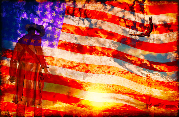 以鹰和美国国旗为背景的日落牛仔图片下载