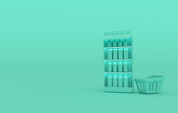 智能手机与货架，饮料和购物篮3d渲染。网上购物和送货的概念图片下载