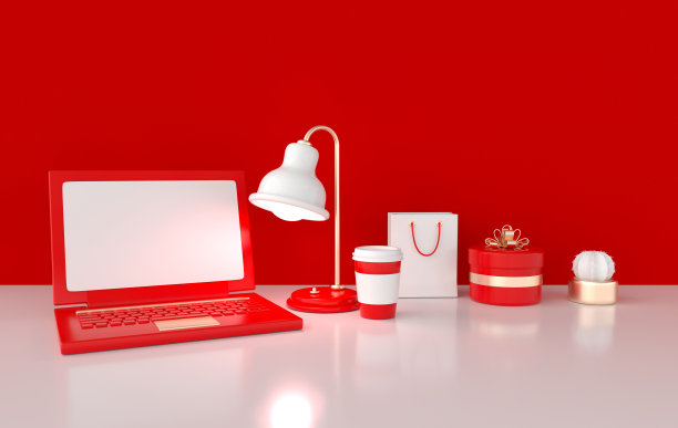 笔记本电脑，灯，仙人掌，咖啡和礼物盒3d渲染。远程工作，自由职业，工作空间，禁闭，呆在家里，网上购物的概念。图片下载