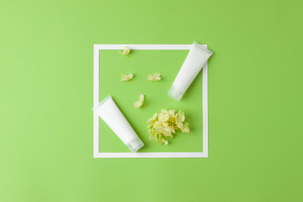 白色的粉底，白色的镜框和绿色背景上的花朵。平铺，复制空间图片下载