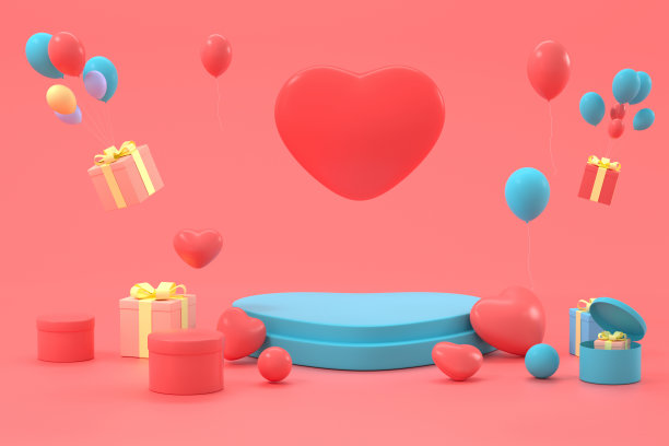 舞台和礼物与可爱的背景，3d渲染。图片下载