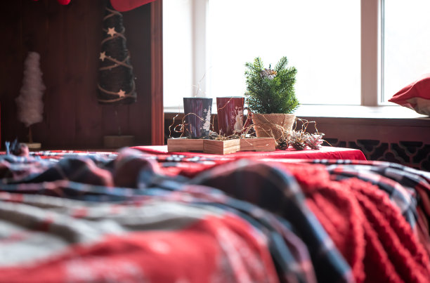 两杯热饮放在圣诞装饰房间的托盘上。图片下载