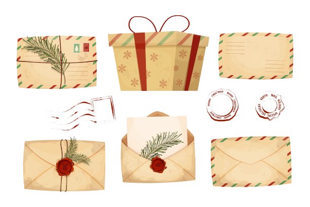 Set Christmas letters, envelope with empty paper and red wax seal with Santa, pine branch, present box in cartoon style. Set Christmas letters, envelope with empty paper and red wax seal with Santa, pine branch, present box in cartoon style。古董,旧信件。纹理和详细的剪贴画。矢量图图片下载