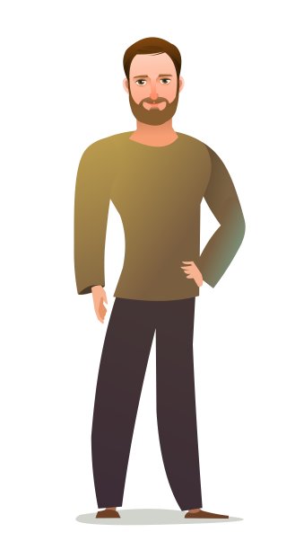 穿着裤子和毛衣的帅哥。开朗的中年男人。开朗的人。站立姿势。漫画风格扁平化设计。单个的字符。插图孤立在白色背景上。向量图片下载