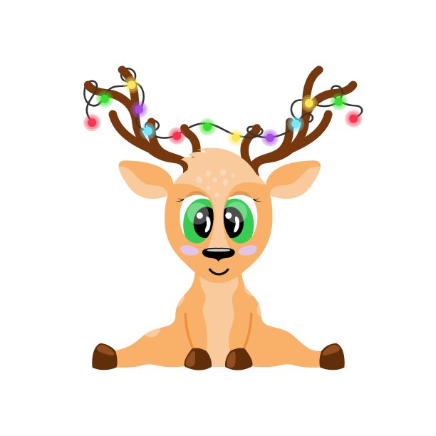 可爱的圣诞卡通鹿，犄角上有发光的花环，坐着微笑。欢快的小鹿孤立。矢量图图片下载