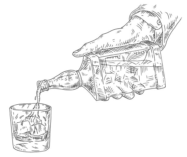 一个男人把酒瓶里的威士忌倒进玻璃杯里。复古矢量黑色版画图片下载