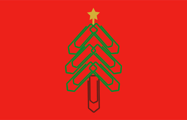 概念圣诞快乐的办公室材料模型。红色背景上用回形针做成的圣诞树。回形针圣诞树。圣诞节的背景。图片下载