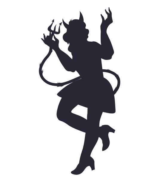 万圣节女巫魔女黑色剪影带角和尾巴，病媒孤立。图片下载