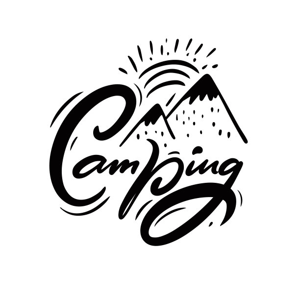 露营的文本。手绘黑色山脉矢量插图和字母短语。图片下载