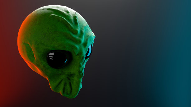 在黑暗的背景上，外星人头部在空中的3D插图图片下载