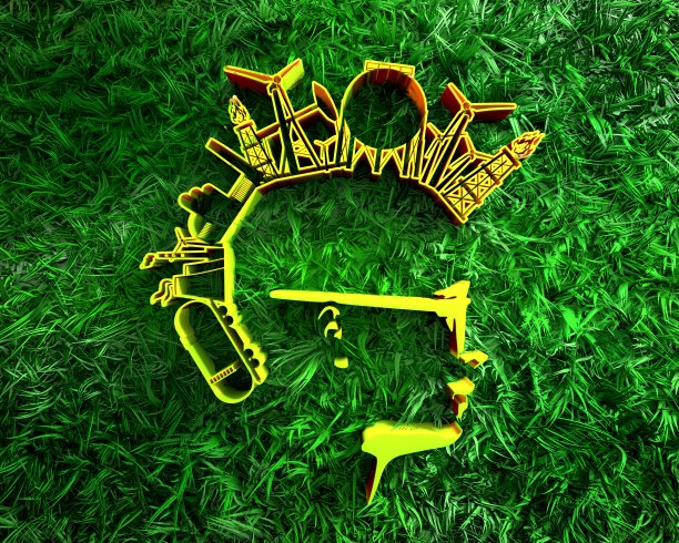 头有工业图标，头有清新的春草。图片下载