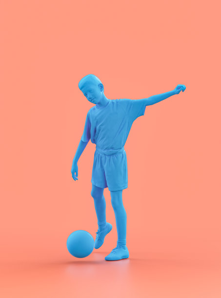 一个男孩在地上击球。，蓝色单色人模型，单色人，3d渲染图片下载