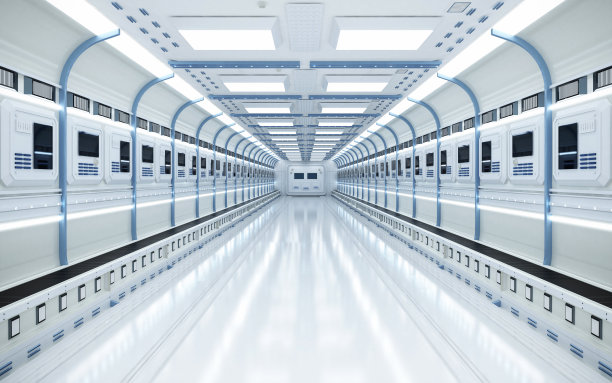 内部配有传送带的未来主义工厂图片下载