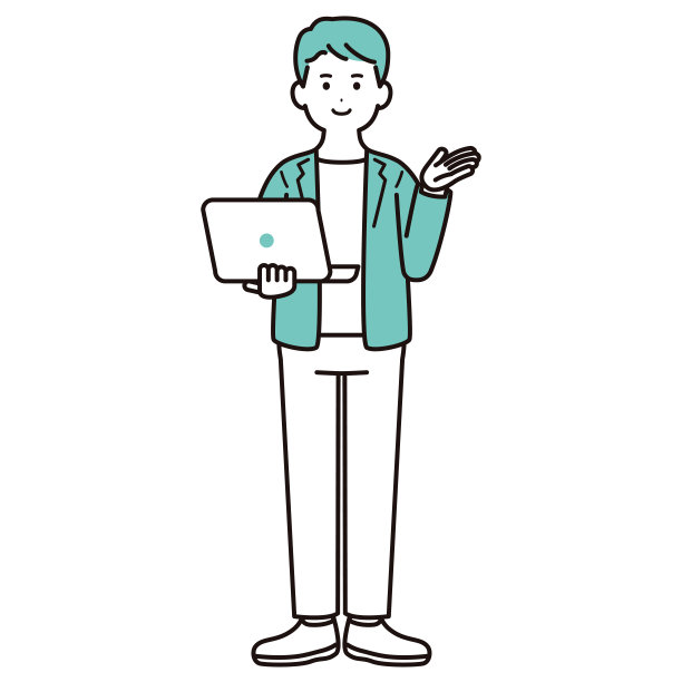 一个穿着便服的商人手里拿着一台个人电脑进行解释的插图素材。男性。普通的衣服。全身。图片下载