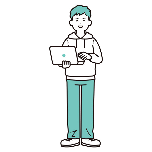 插图素材是一个穿着便服的商人，手里拿着一台个人电脑在工作。年轻人。普通的衣服。全身。图片下载