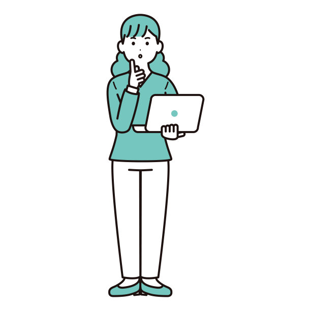一个穿着便服的商人手里拿着一台个人电脑思考的插图素材。女人。普通的衣服。全身。图片下载