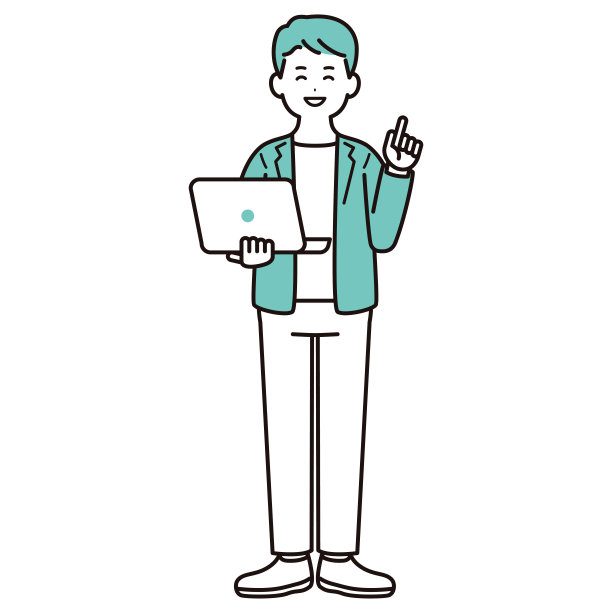 一个穿着便服的商人手里拿着一台个人电脑进行解释的插图素材。男性。普通的衣服。全身。图片下载