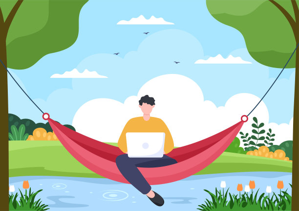 人们躺在吊床在公园平面卡通矢量插图。暑假两棵树之间的户外野餐图片下载