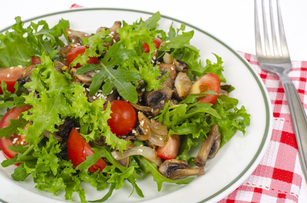 白色背景上有芝麻菜，番茄和蘑菇的素食餐盘。工作室的照片图片下载