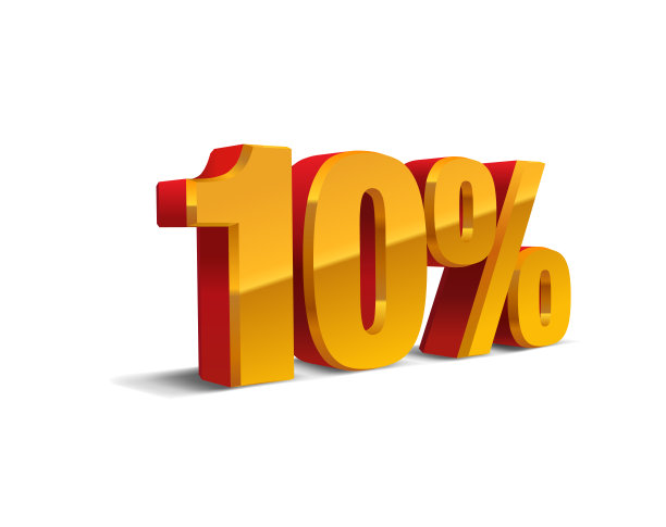 10%折扣，销售背景，金黄色金属物体3D。Eps10向量。图片下载