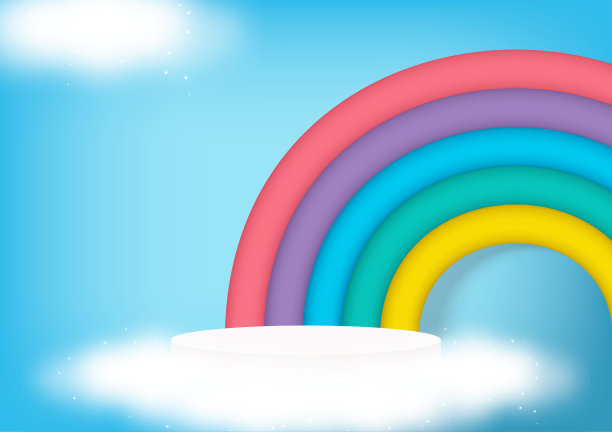 3 d背景。舞台台上装饰着彩虹、云朵。圆形底座，产品展示在浅蓝色抽象场景背景上。矢量插图。图片下载