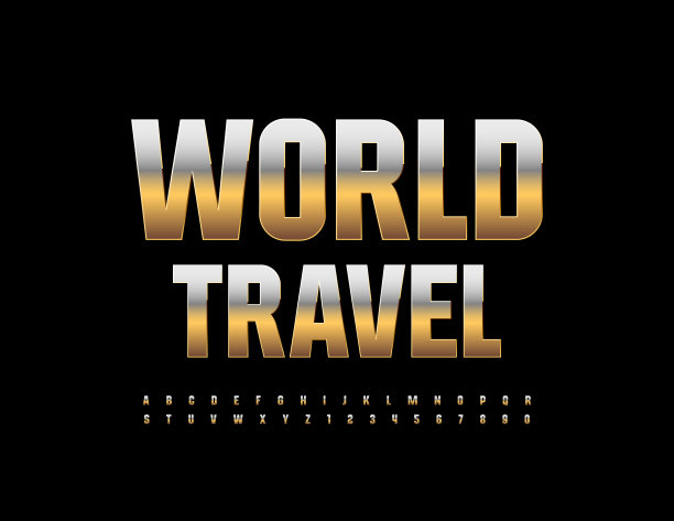 矢量时尚标志世界旅行。黄金字母字母和数字集合图片下载