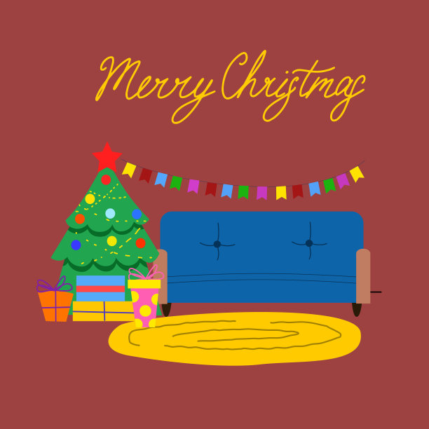 明信片上有圣诞房间的内部装饰。圣诞树、礼物和装饰品。图片下载