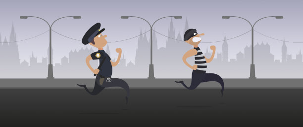 警察追赶小偷的插图。罪犯穿过城市从警察手中逃跑了。向量。图片下载