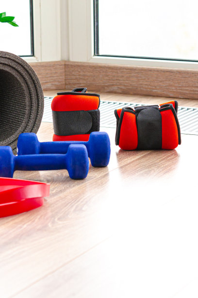 俯视图健身垫与哑铃和阻力带为背景，全景拍摄图片下载