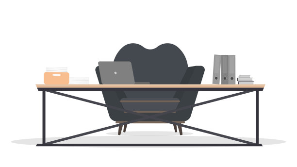 阁楼样式表。扁平风格的老式扶手椅。工作场所，书籍，文件，笔记本电脑。向量。图片下载