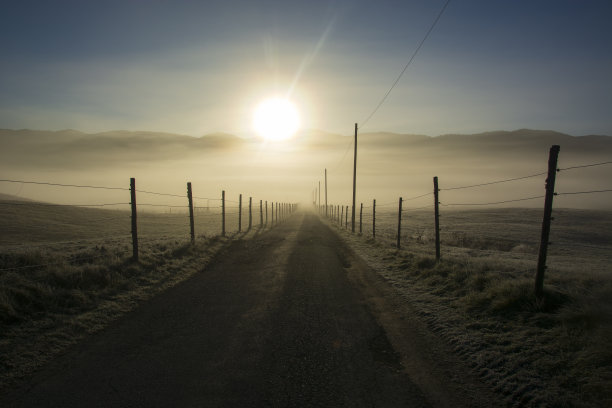 最后，太阳升起来驱散了路上的雾图片下载
