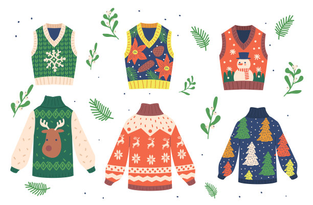 一套冬季圣诞节套头毛衣与有趣的装饰图片下载