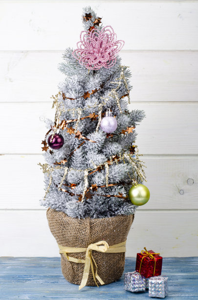 我们庆祝圣诞节和新年。用球和玩具装饰的小圣诞树。工作室的照片。图片下载