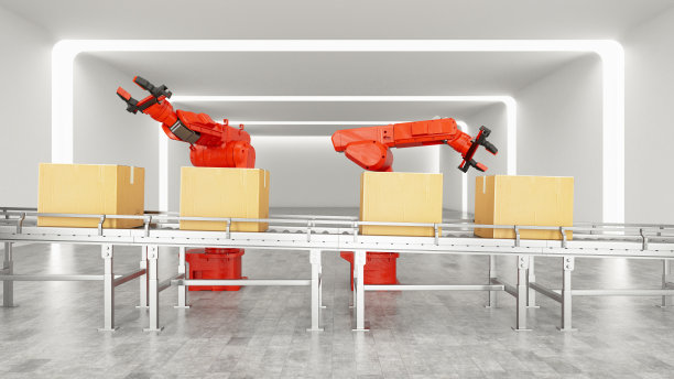 用机器臂在传送带上的纸箱图片下载